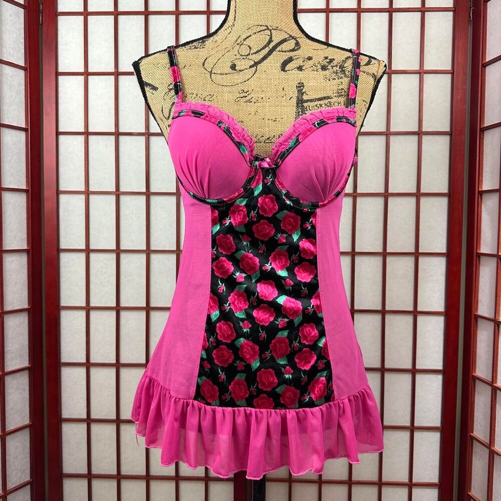 Y2K Pink Floral Glam Romantic Ruffle Bustier Chemise Lingerie Dress